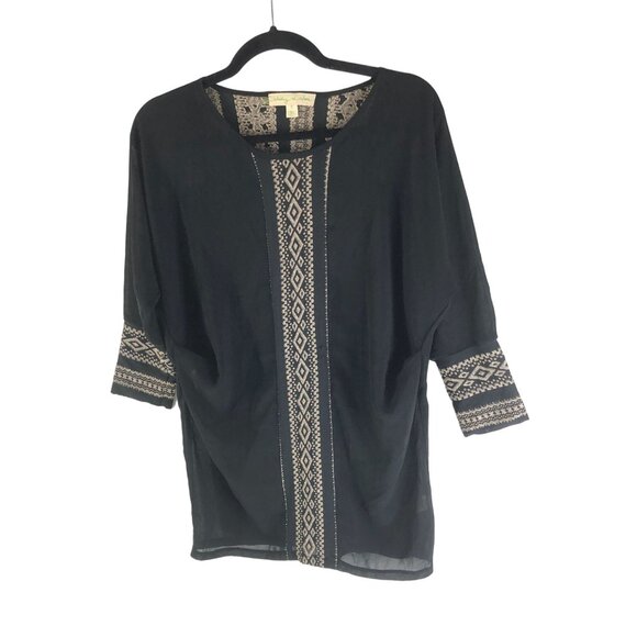 Staring At Stars Black Boho Tunic Top Sheer With Beige Embroidered Details S - Picture 1 of 5